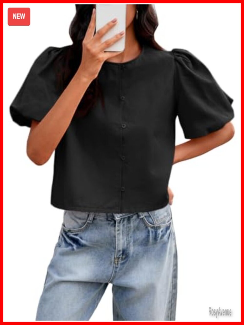 Womens Cropped Puff Sleeve Button Down Blouse Loose Fit Casual Top